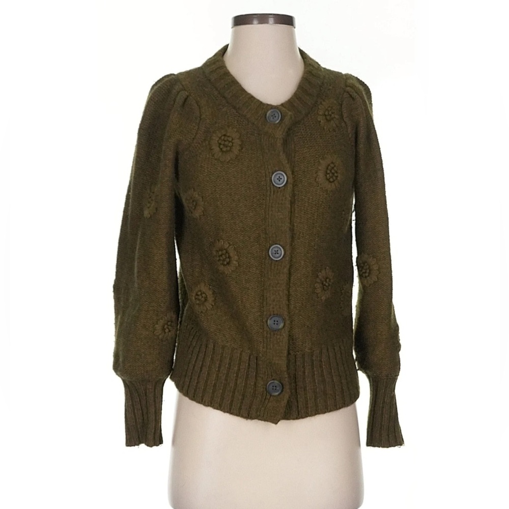 Madewell Olive Green Flower Knit Button Cardigan